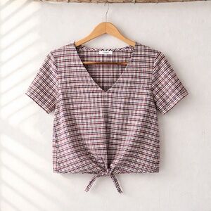 Madewell Burgundy,Cream and Blue Plaid V-Neck Tie-Front Top Size M
